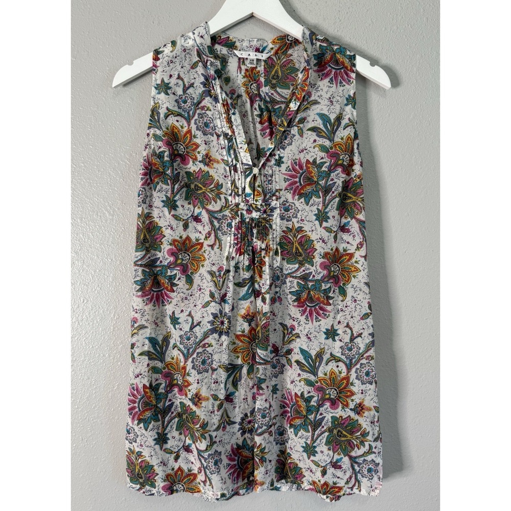CAbi Cotton Silk Paisley Pintuck‎ Sleeveless Blouse XS Boho Cottagecore Top